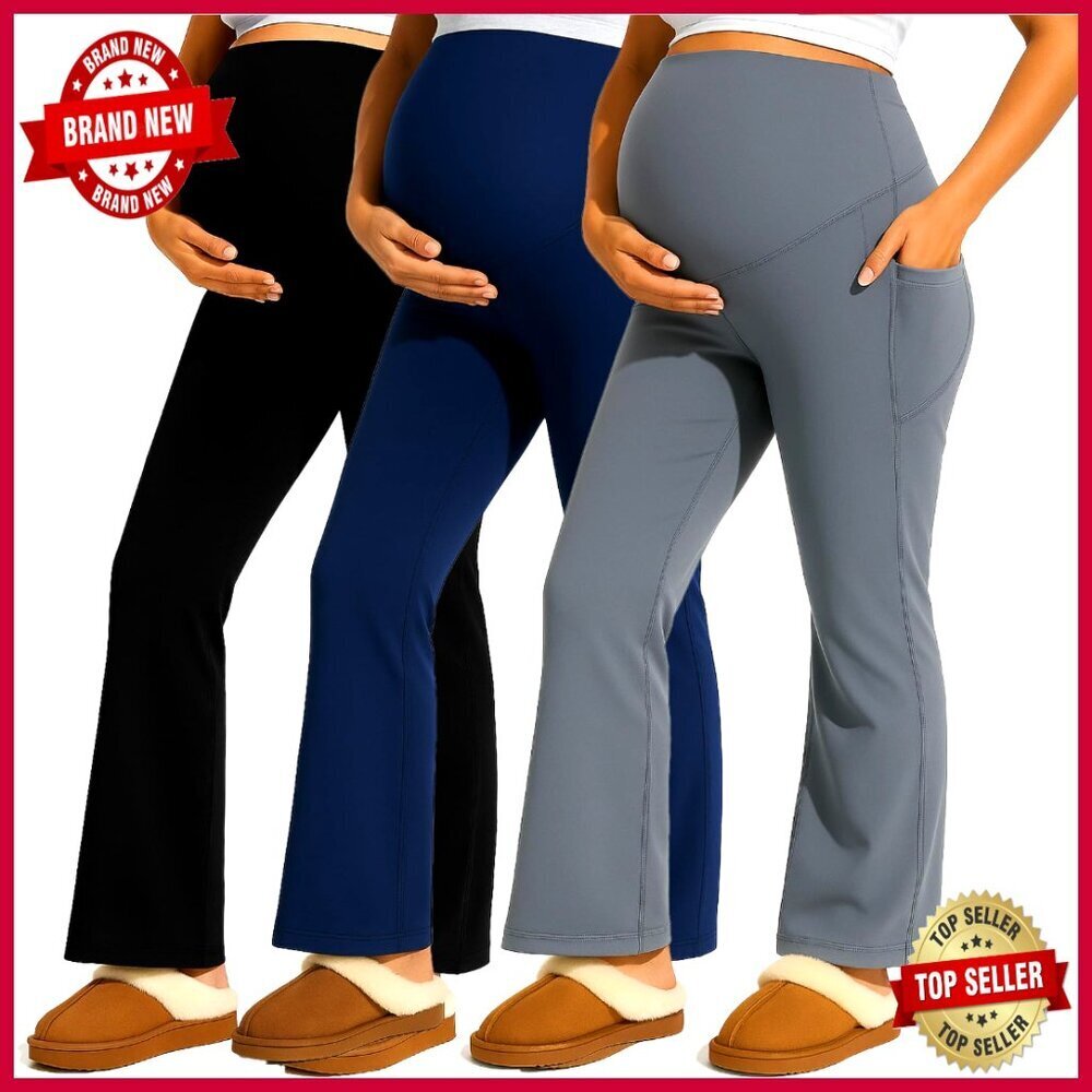 Maternity Flare Leggings with Pockets, Over Belly Support, 3 Pack - Picture 1 of 7